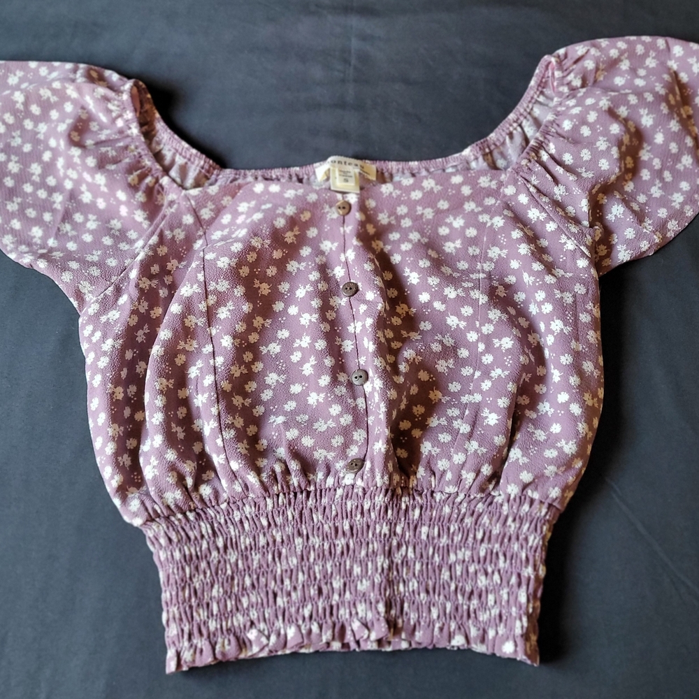 Monteau Floral Puff Sleeve Top Womens Size Small Purple Cropped